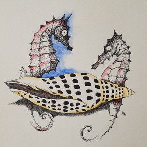 Unfinished Watercolor Mario Hernandez Print - Sea Horses